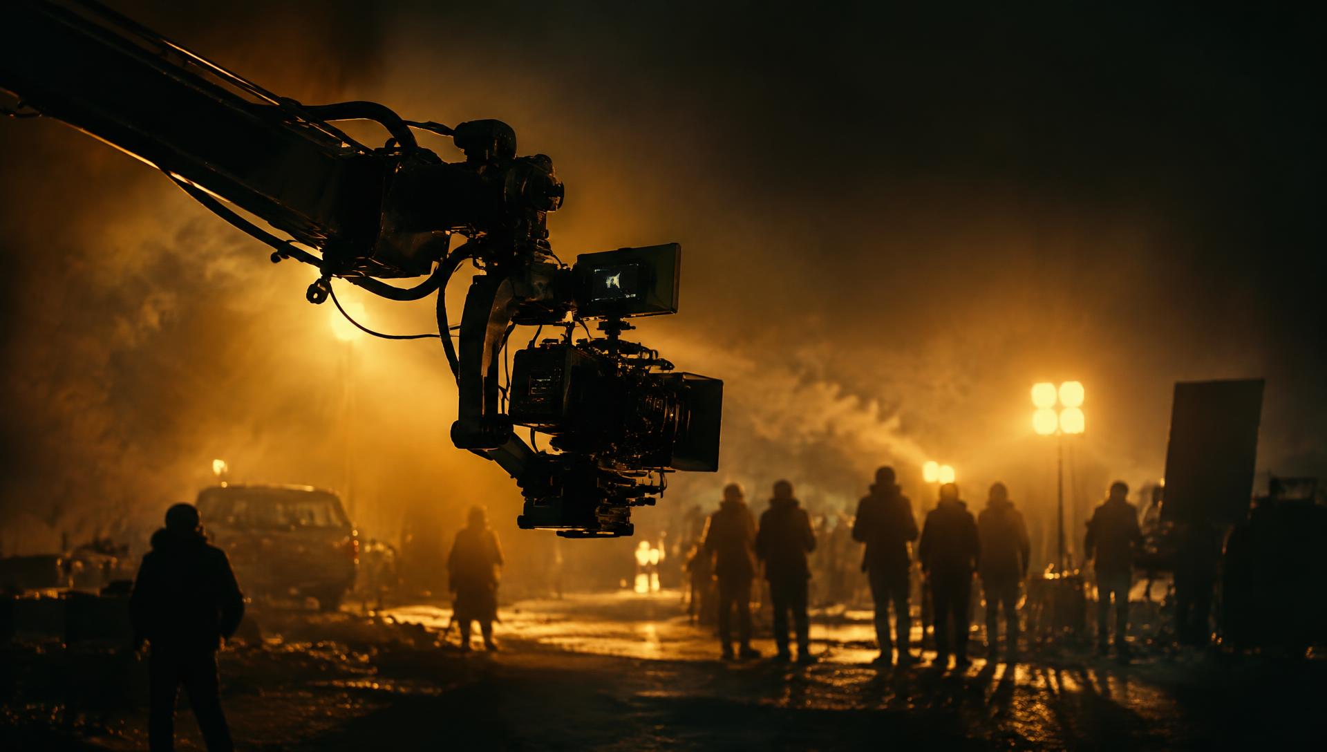 Cinematic film set with professional camera crane, golden light